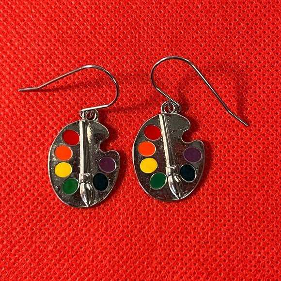 Artist with Paint Palette Paint Brush Silver Tone Earrings - Picture 1 of 2